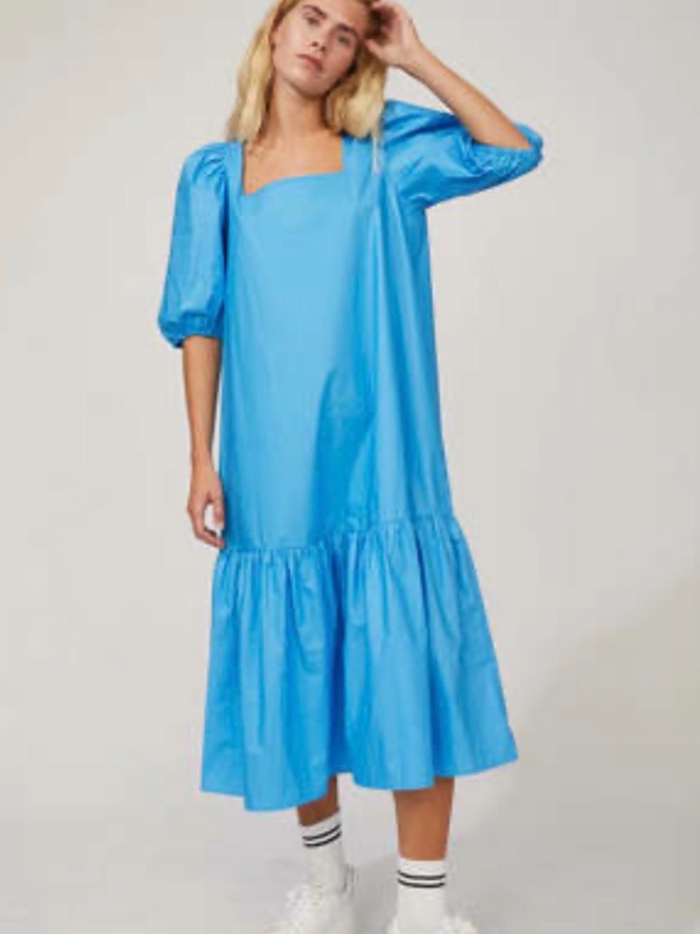 Just Female Bright Blue Square-Neck Puff-Sleeve Midi Dress